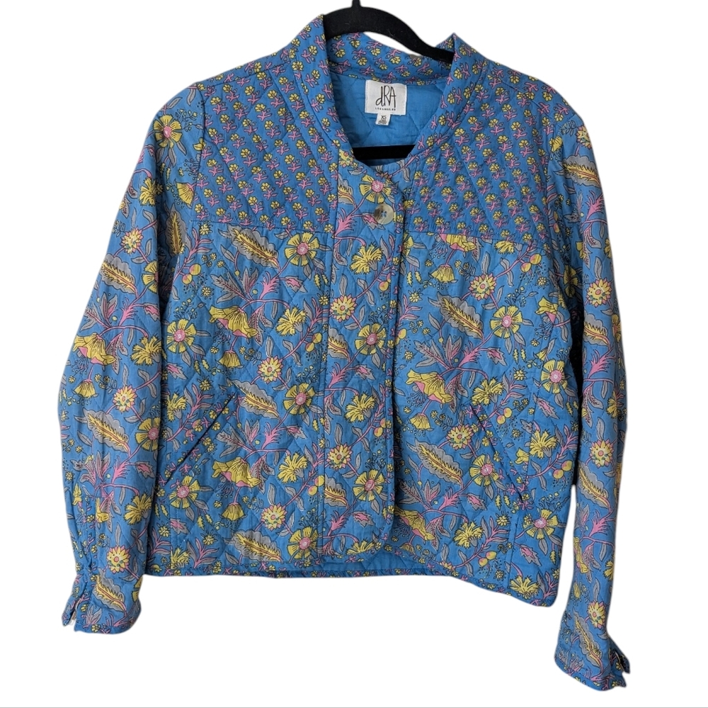 dRA Los Angeles Quilted Floral Blue Yellow Zip Up Lightweight Jacket‎ Size XS